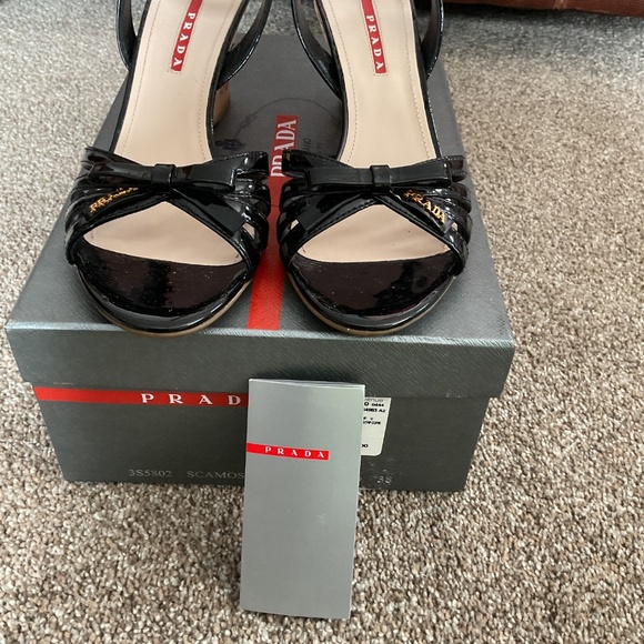 Prada Leather Bow Cork Wedge Sandals-Black-Size 8-Sharp - Picture 6 of 8